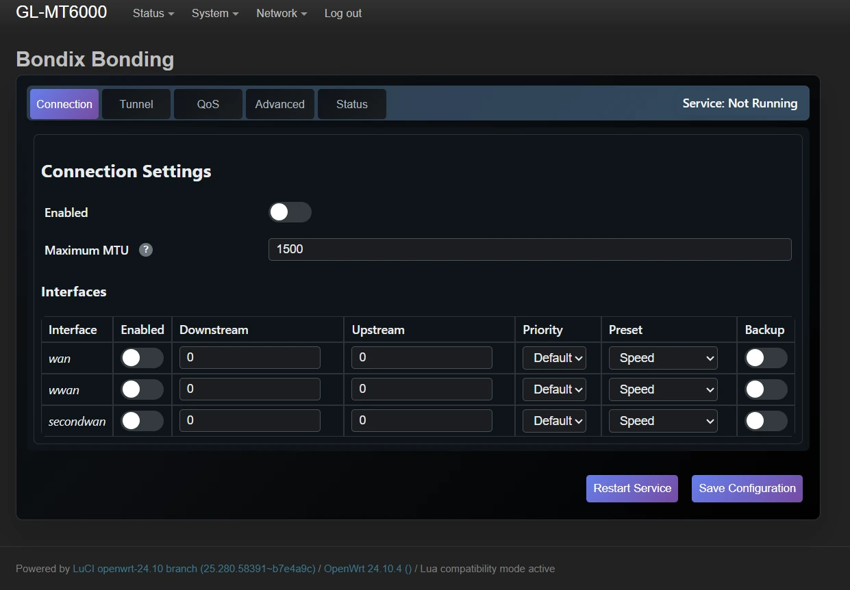 The Bondix Bonding Connection Settings page in LuCI, with per-interface bonding options