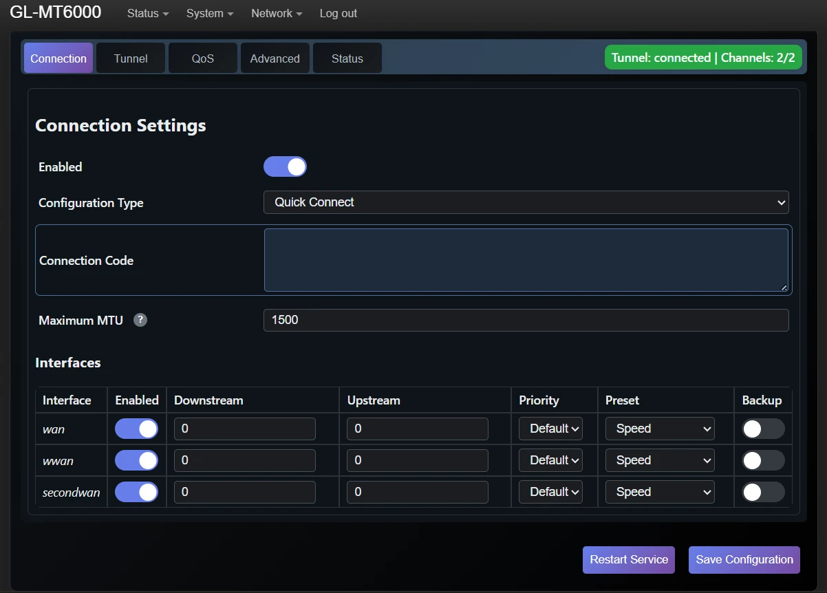 The Bondix client configured on the Flint 2 with the tunnel established