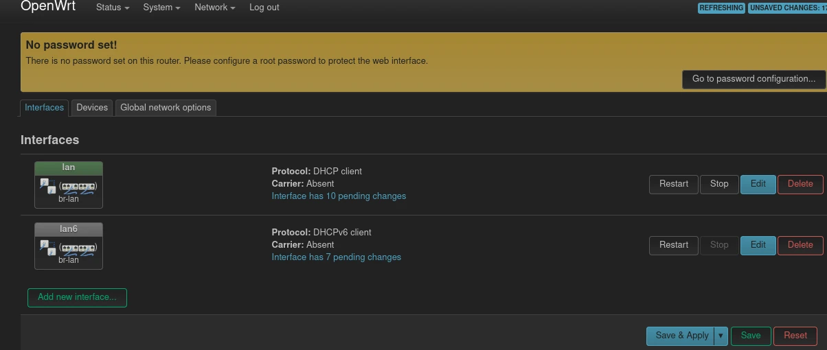 Fresh OpenWrt login on the RB5009 prompting you to set a password